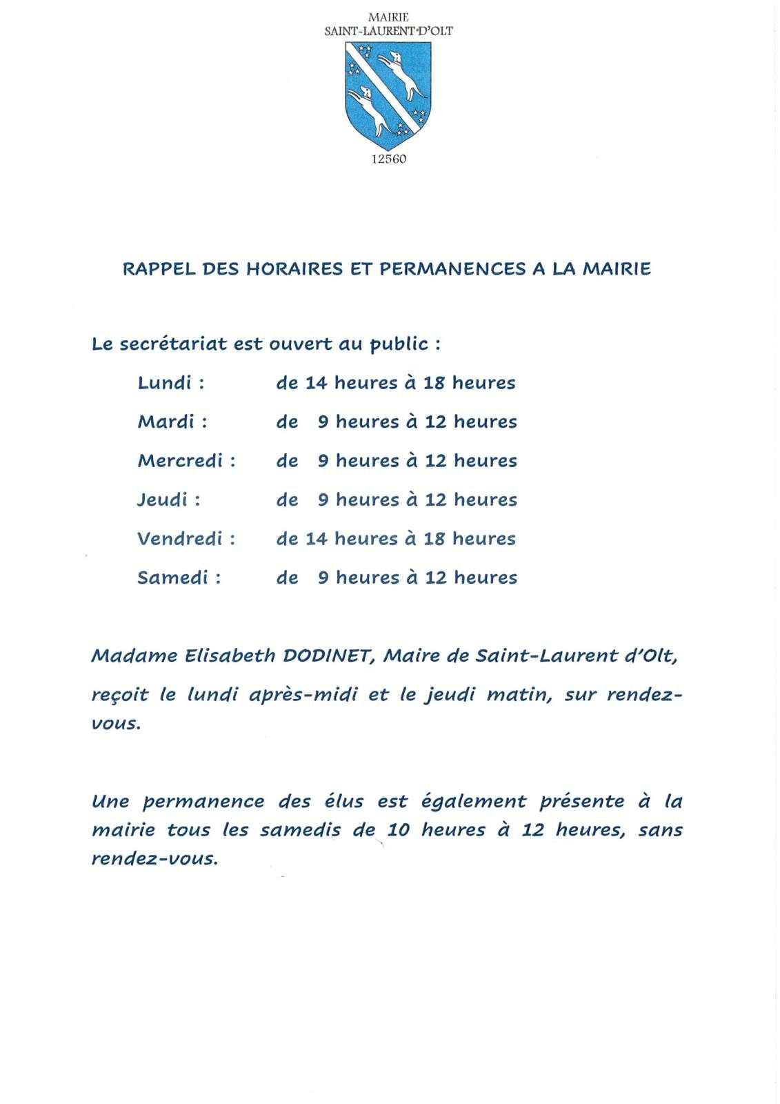 Lire la suite à propos de l’article Rappel des horaires Mairie